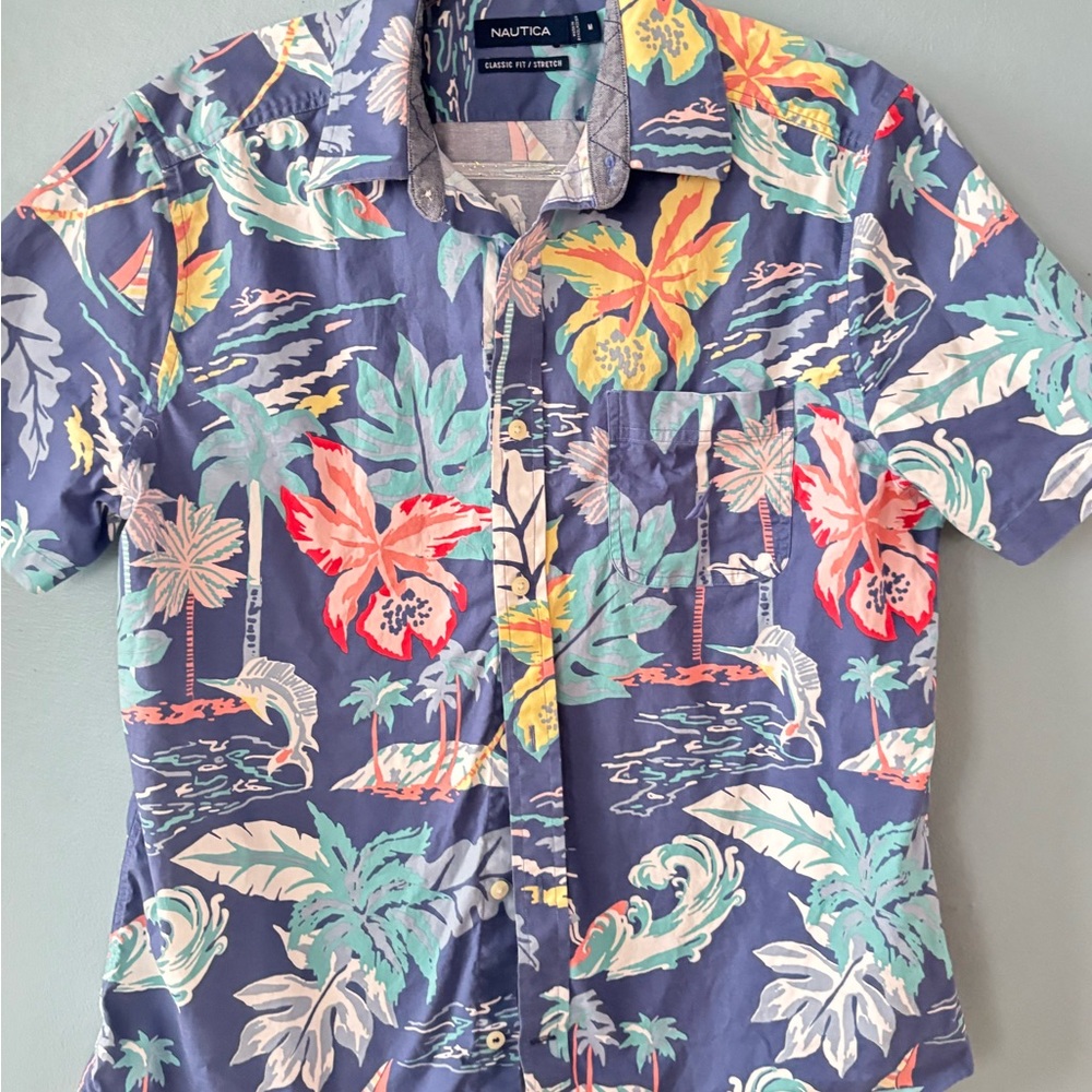 Nautica Blue and Red Casual Button Down Shirt